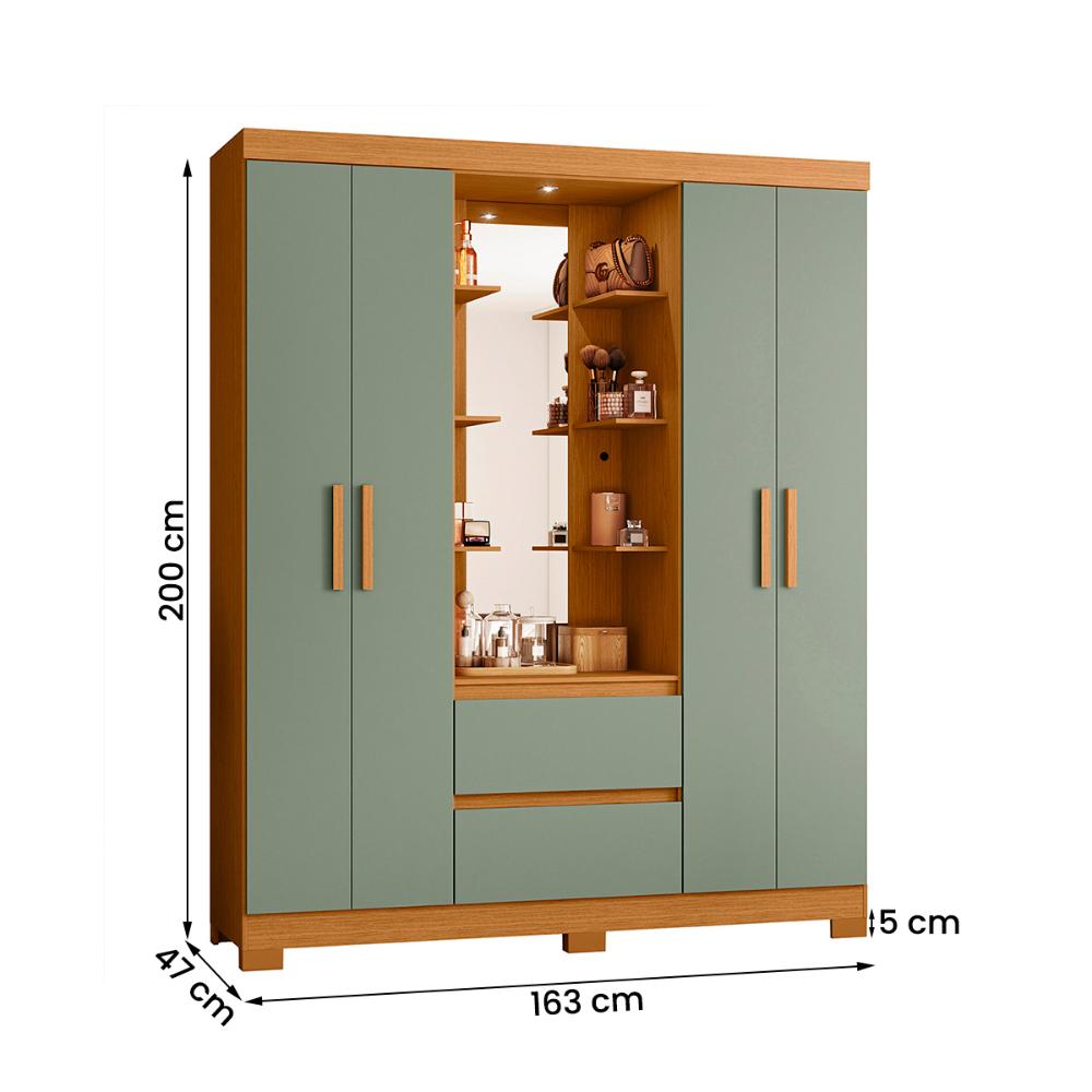 Guarda Roupa Olimpia 163cm 4 Portas Espelho LED 2 Gavetas Cinamomo/Salvia