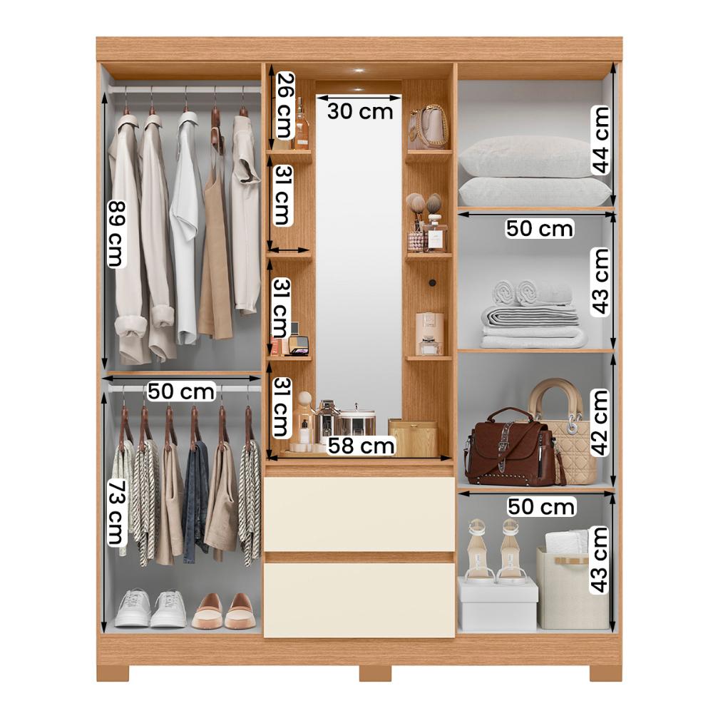 Guarda Roupa Olimpia 163cm 4 Portas Espelho LED 2 Gavetas Freijo/Off White