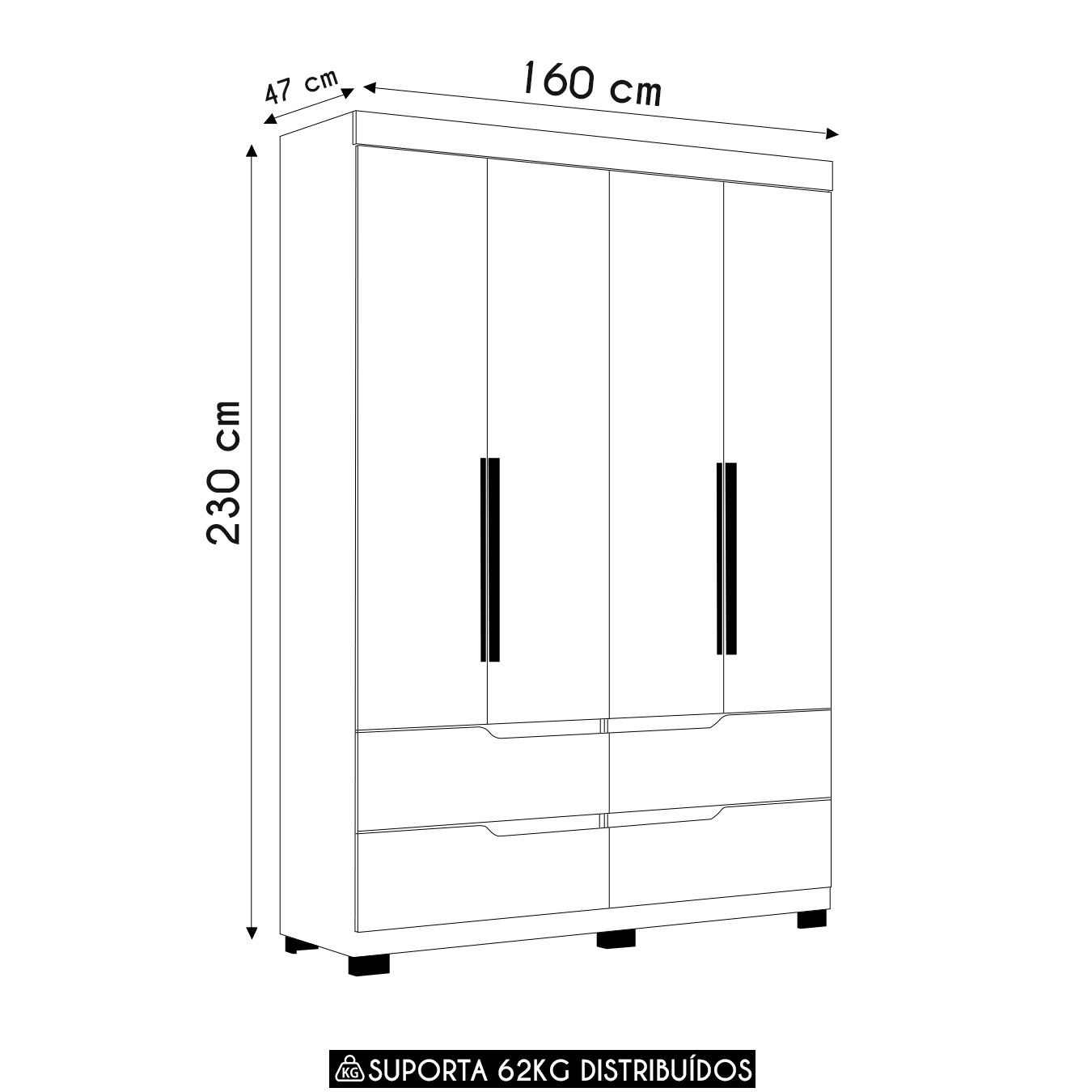 Guarda Roupa Solteiro 160cm 4 Portas Doble Branco - Albatroz