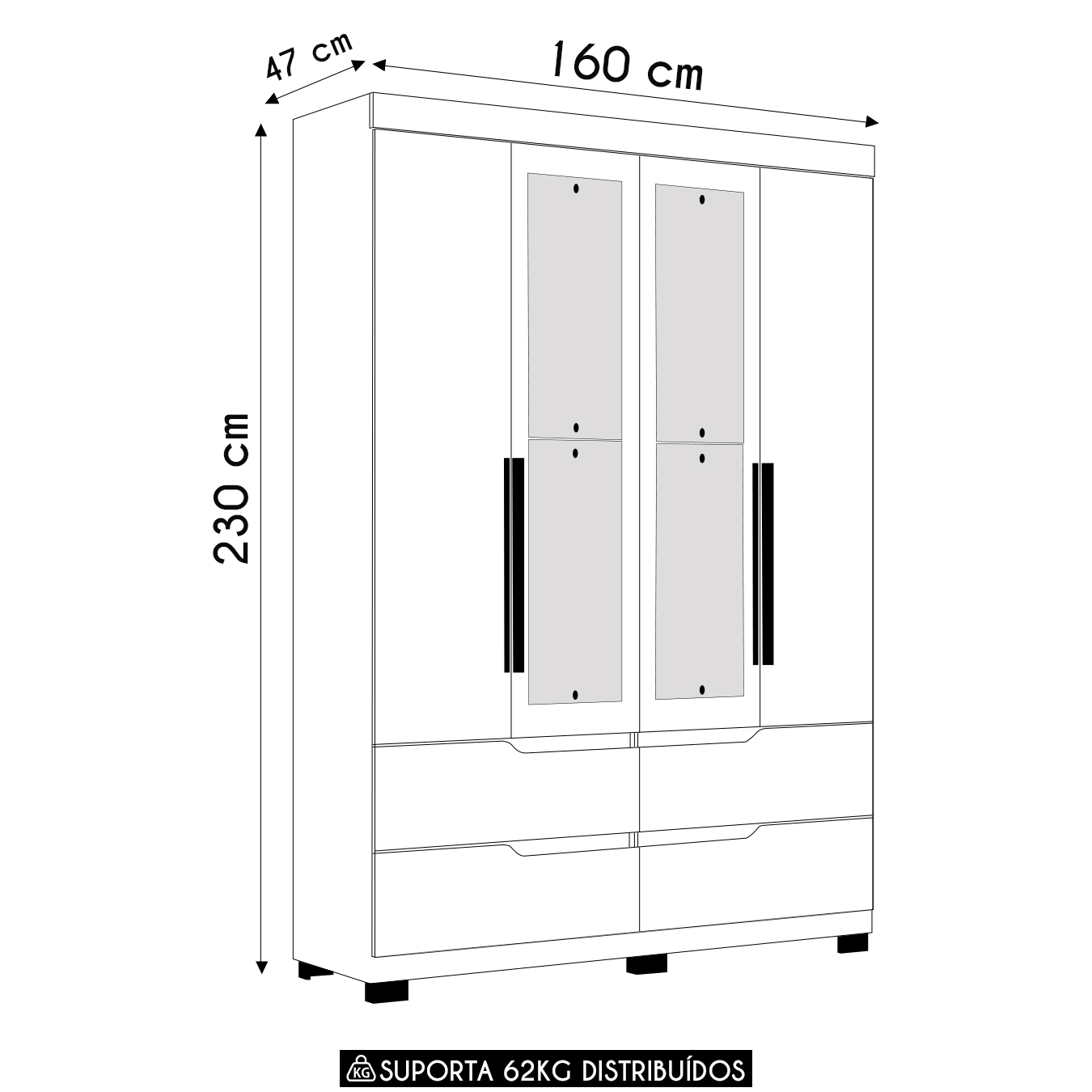 Guarda Roupa Solteiro 160cm com Espelho Doble Branco        - Albatroz