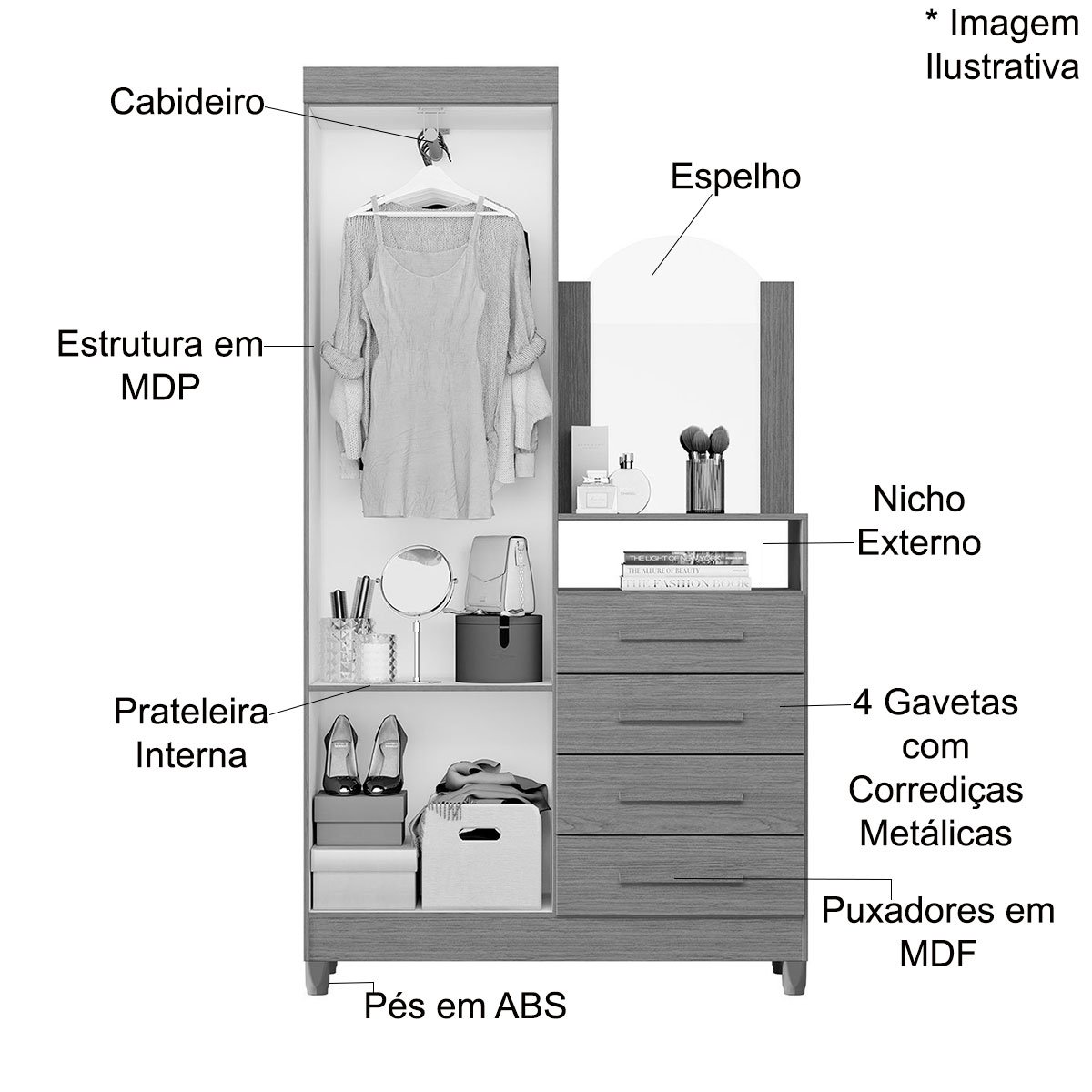 Guarda-Roupa Solteiro com Cômoda Capri 2 Portas Cinamomo