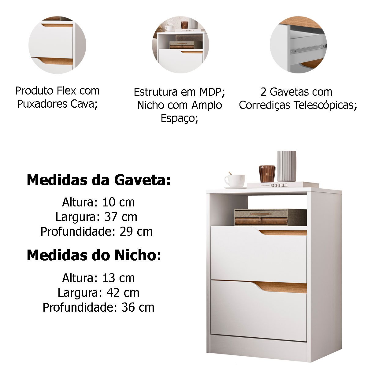 Kit 2 Mesas de Cabeceira 2 Gavetas Sara Flex Branco/Freijó