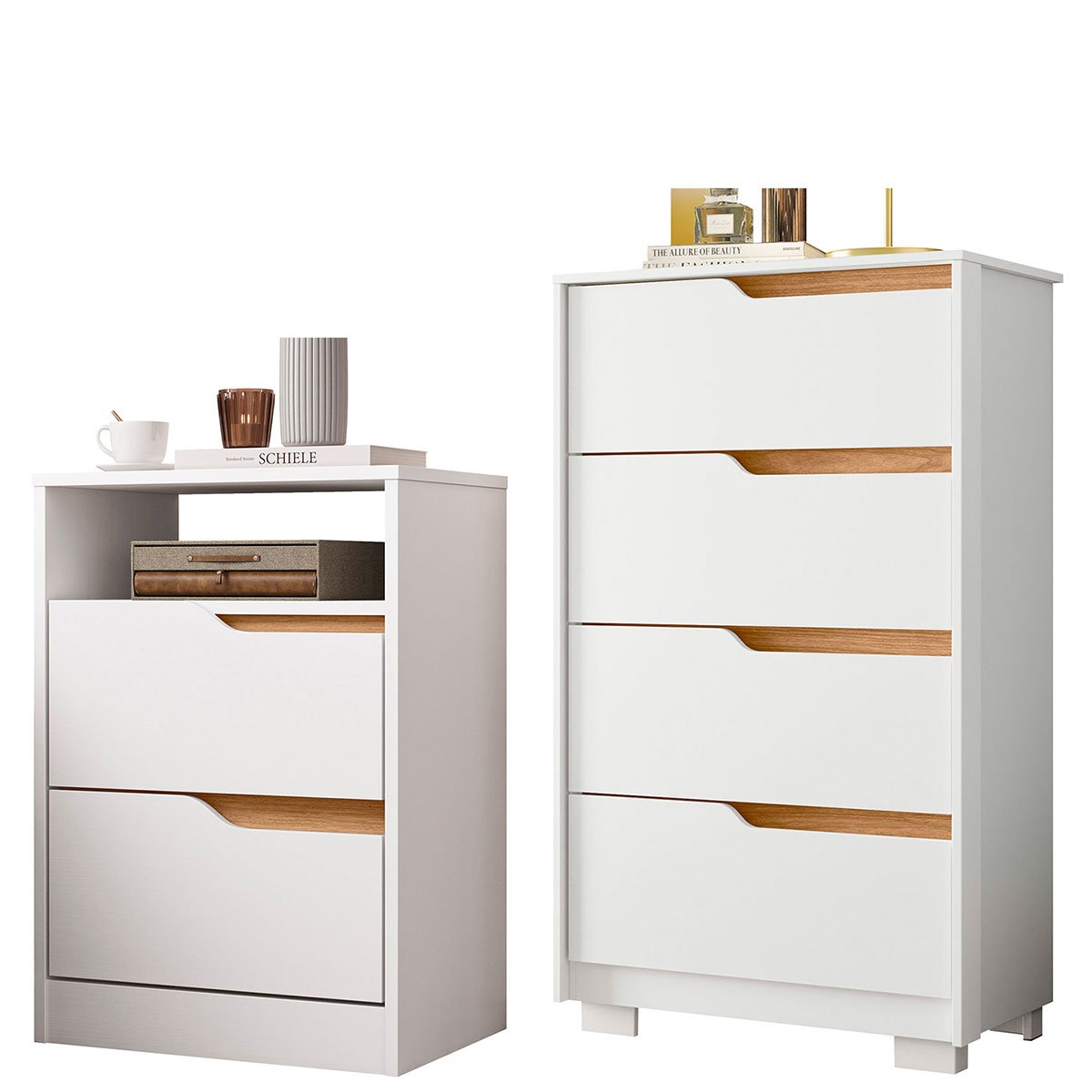 Kit Cômoda 4 Gavetas e Mesa de Cabeceira Sara 2 Gavetas Flex Branco/Freijó