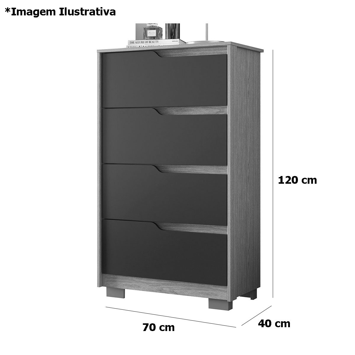 Kit Cômoda 4 Gavetas e Mesa de Cabeceira Sara 2 Gavetas Flex Freijó/Titanium