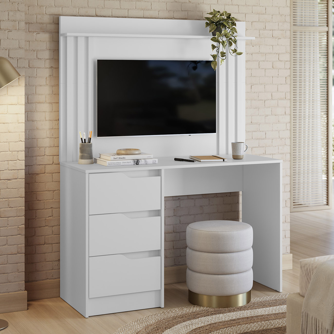 Mesa Escrivaninha 3 Gavetas Painel TV 40 Pol Doble Branco - Albatroz