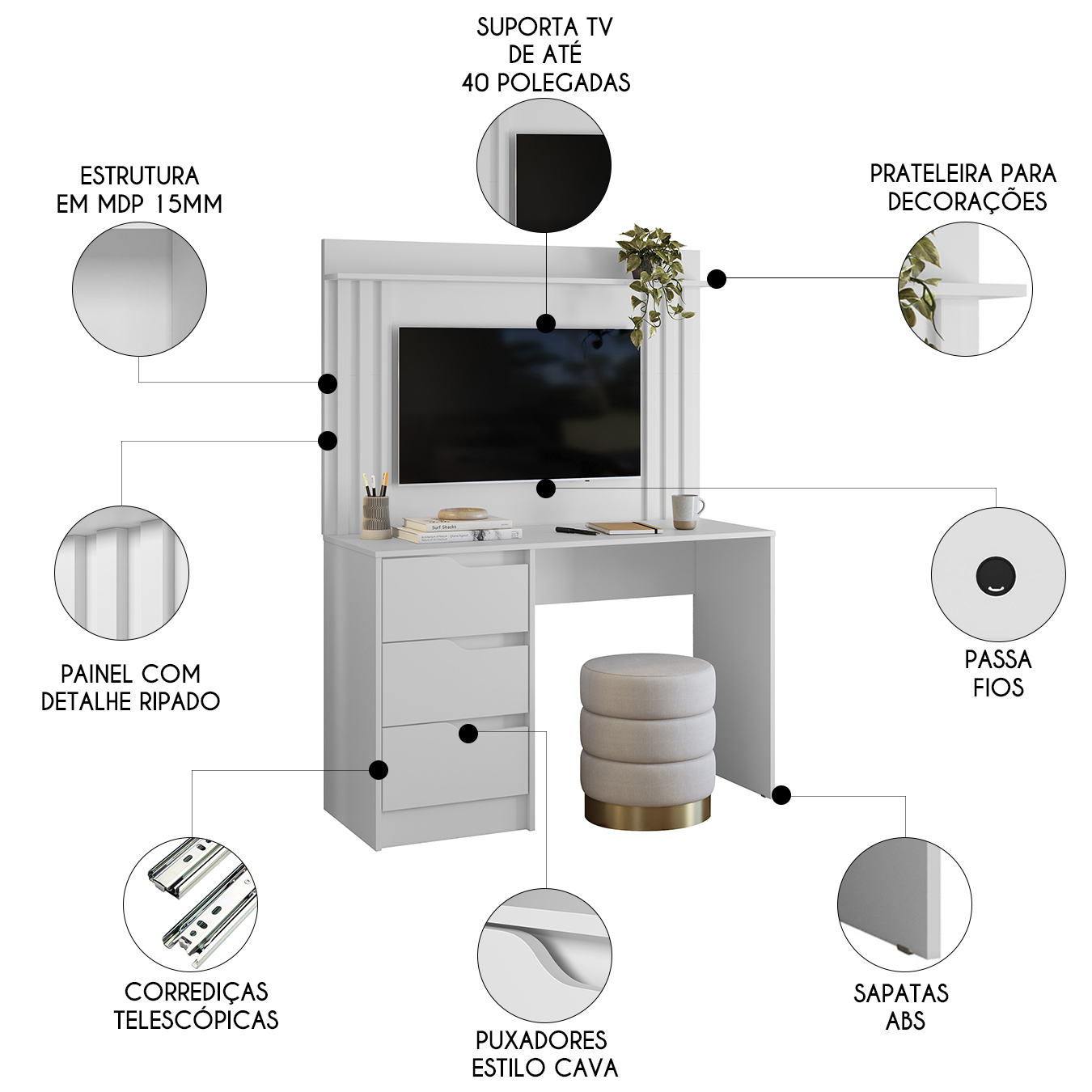 Mesa Escrivaninha 3 Gavetas Painel TV 40 Pol Doble Branco - Albatroz
