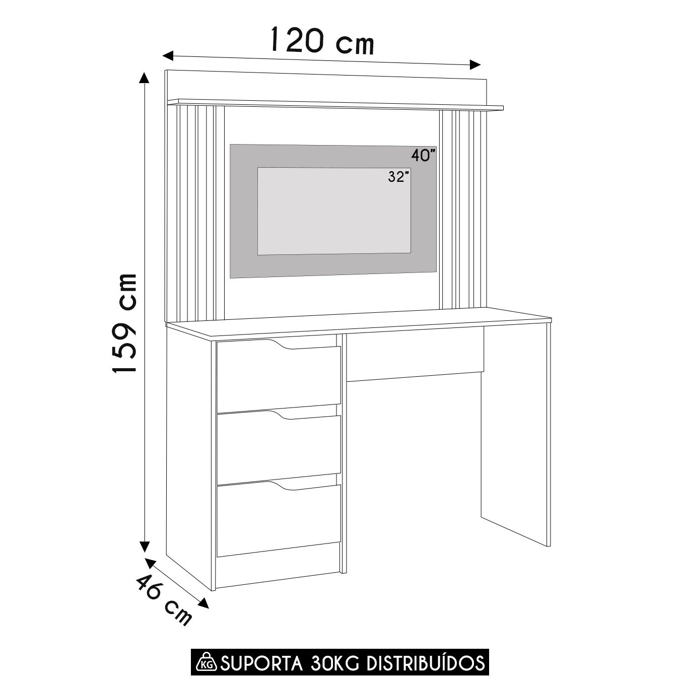 Mesa Escrivaninha 3 Gavetas Painel TV 40 Pol Doble Branco - Albatroz