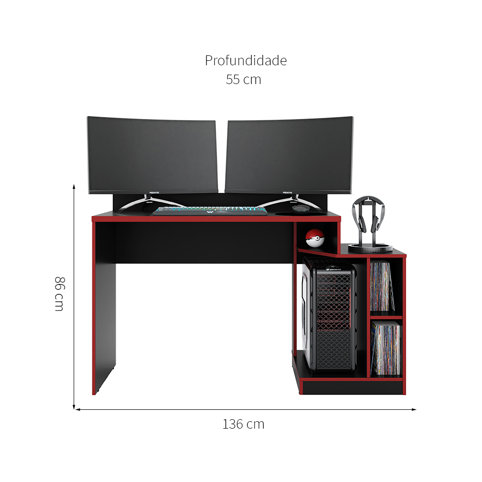 Mesa Gamer Play Preta e Vermelha