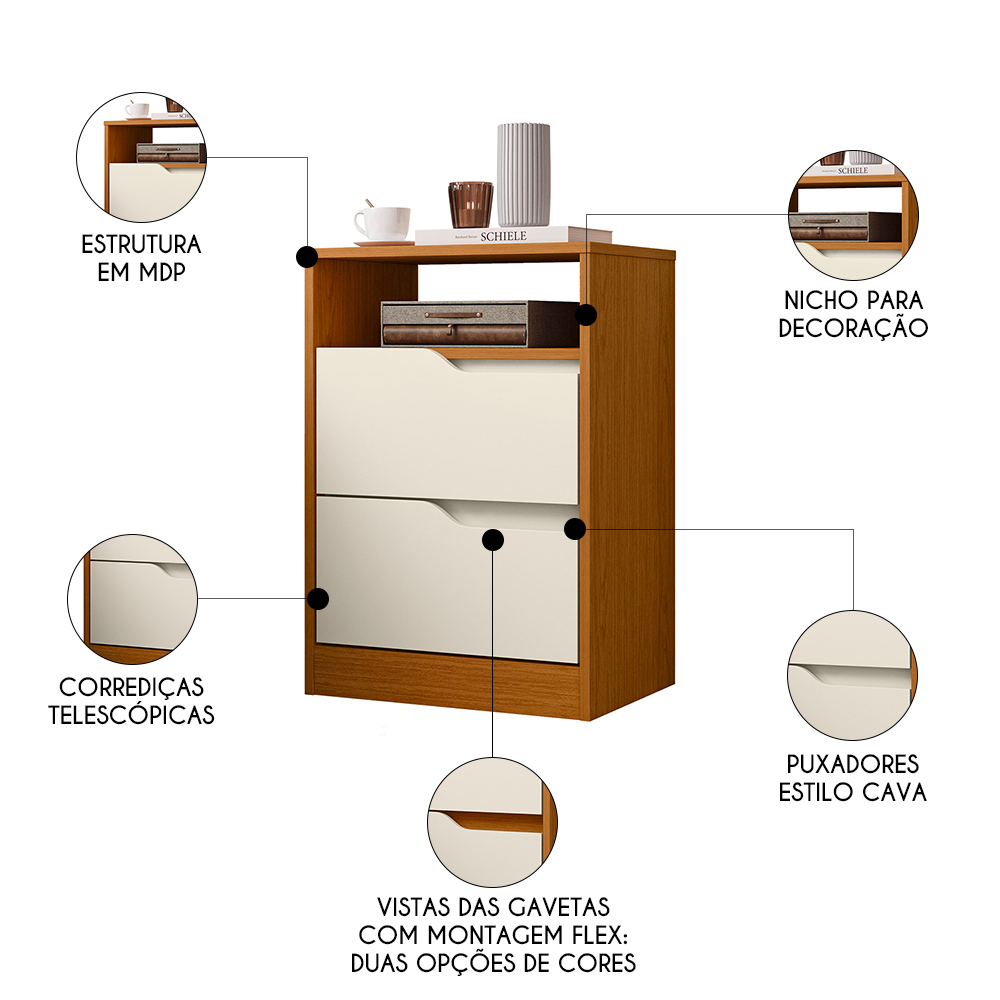 Mesa de Cabeceira 2 Gavetas Sole Flex Cinamomo/Off White - Albatroz
