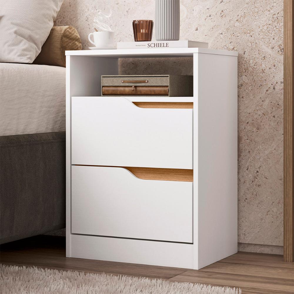 Mesa de Cabeceira Sole com 2 Gavetas e Nicho Branco/Freijo