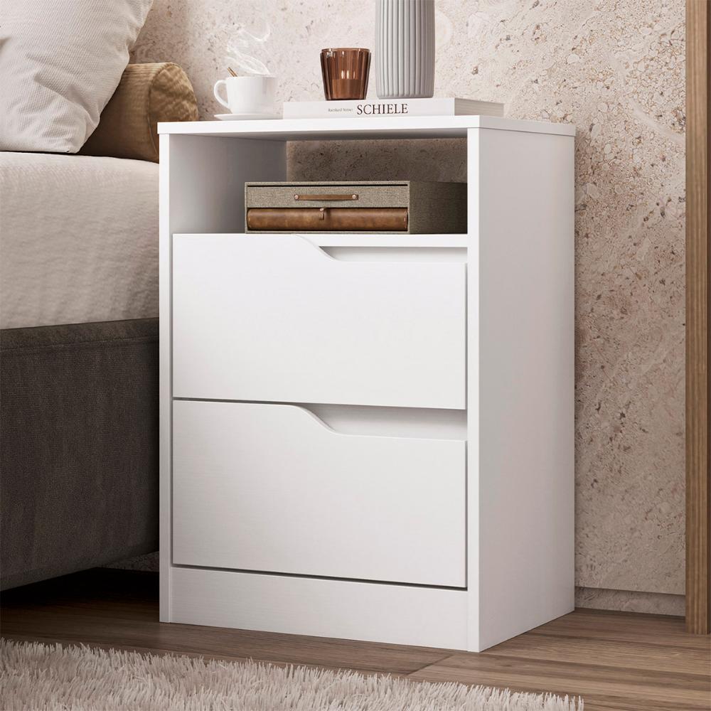 Mesa de Cabeceira Sole com 2 Gavetas e Nicho Branco/Freijo