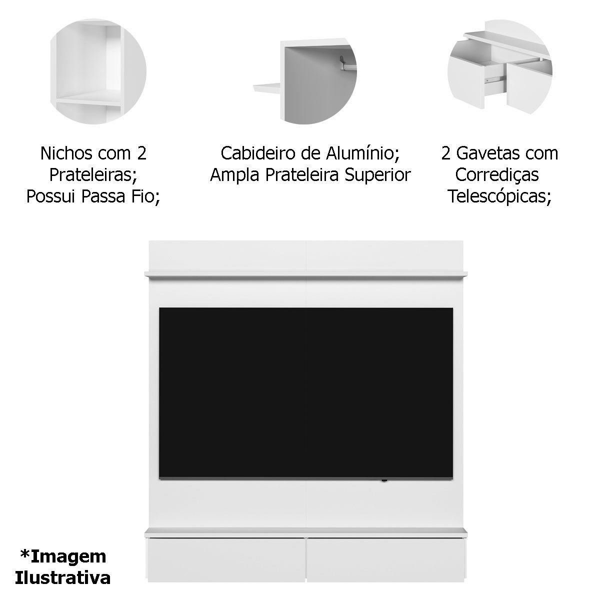 Painel 42 Polegadas com Closet 2 Gavetas e Nicho Dave Branco