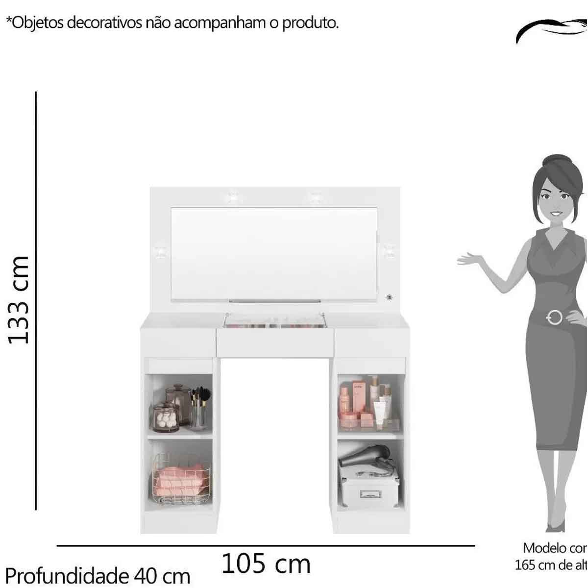 Penteadeira Camarim  Porta Joias 3 Gavetas 2 Portas Princess Branco