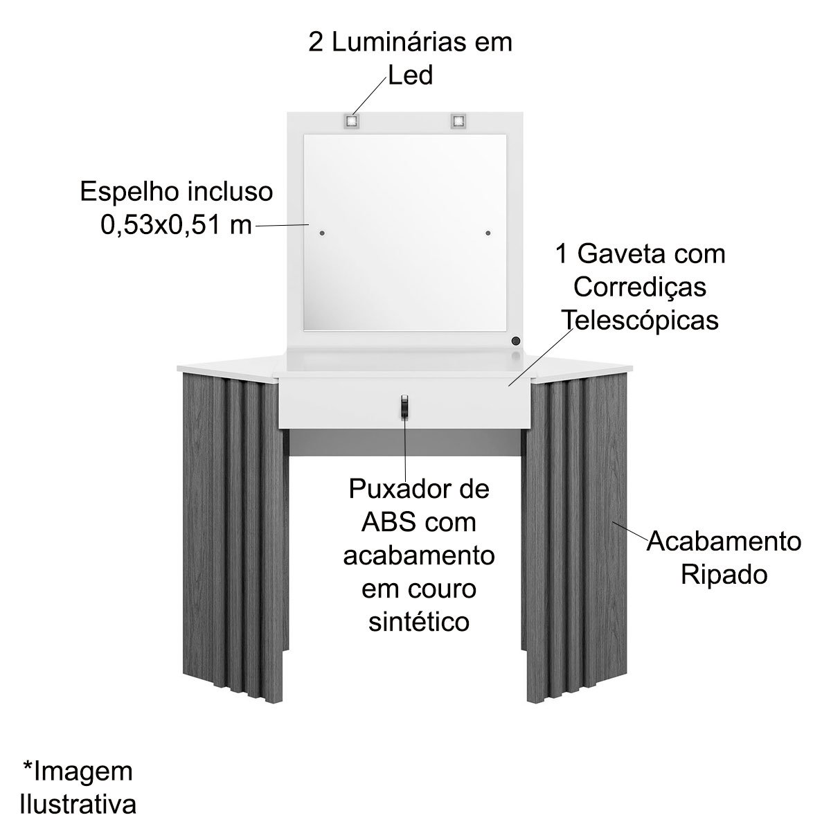 Penteadeira Camarim Ripada Púrpura Com Espelho MDP Cinamomo/Off White