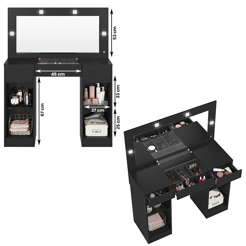 Penteadeira Camarim Studio Com Luz de Led 2 Portas 3 Gavetas Preto Fosco