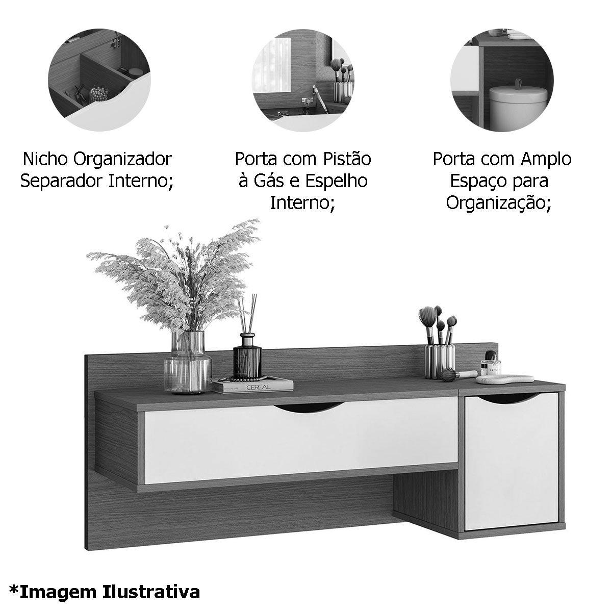 Penteadeira Camarim Suspensa com Espelho e Nichos Make Cinamomo/Off White