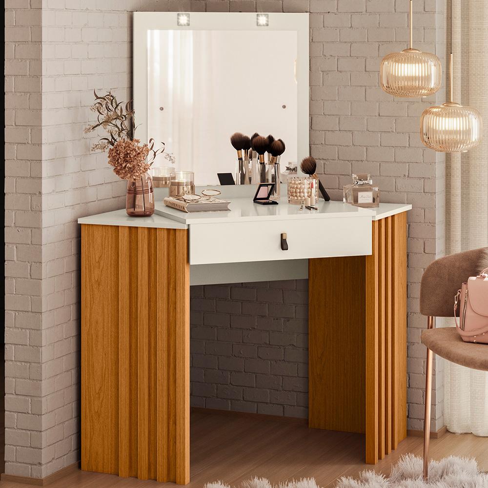 Penteadeira Camarim de Canto Glitter com 1 Gaveta com LED Cinamomo/Off White