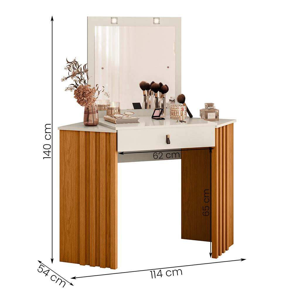 Penteadeira Camarim de Canto Glitter com 1 Gaveta com LED Cinamomo/Off White