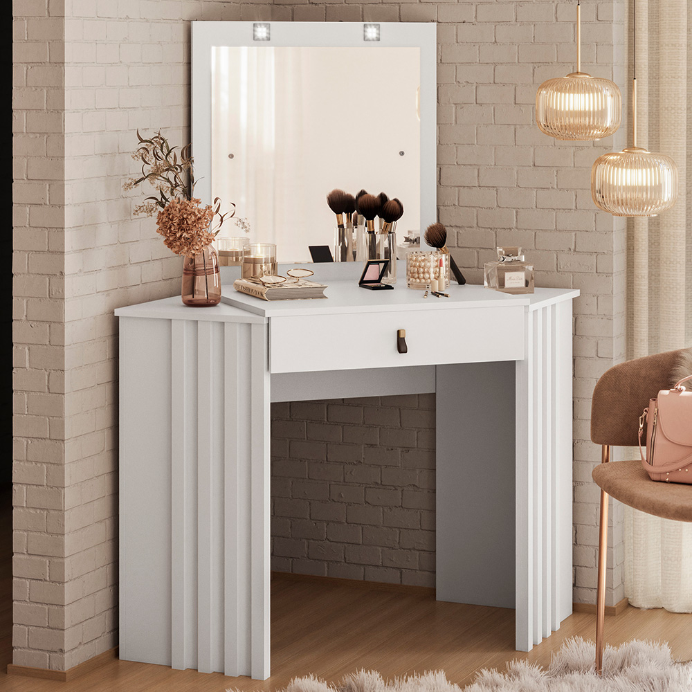 Penteadeira Camarim de Canto com Espelho 1 Gaveta Glitter Branco - Albatroz