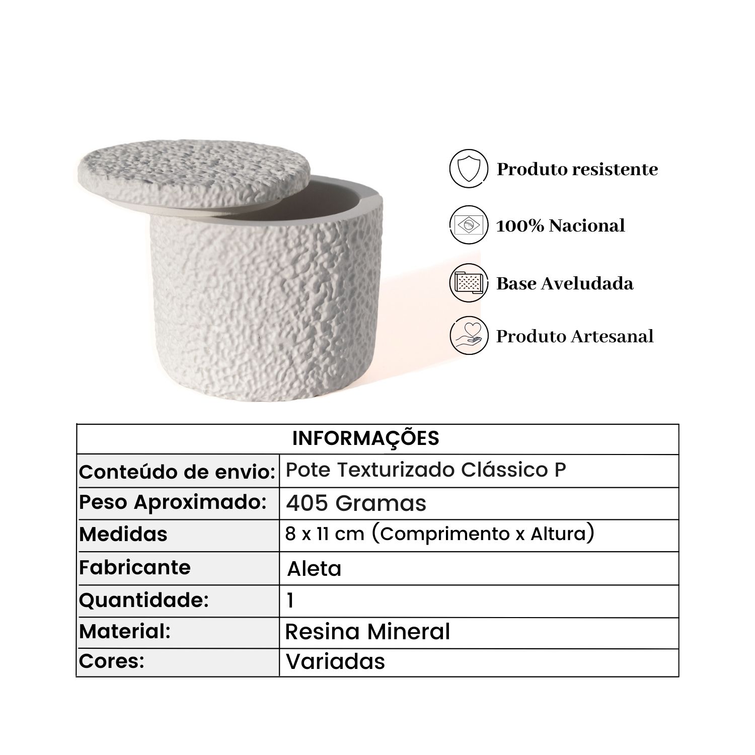 Pote Texturizado Clássico P Artesanal 7x9cm Em Resina Mineral - Branco