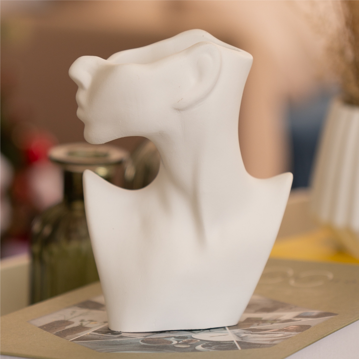 Vaso Decorativo Perfil Rosto Artesanal Decoração Sala e Casa - Cinza