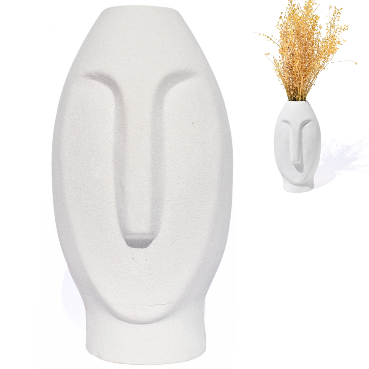 Vaso Decorativo Solitário Moai 18cm Artesanal Em Cimento - Branco