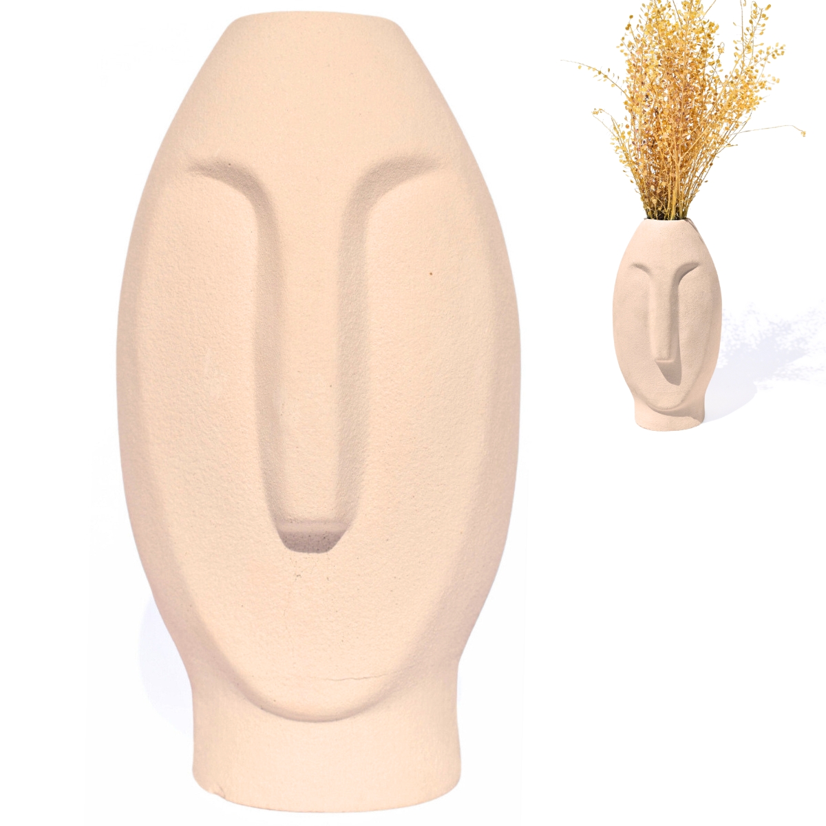 Vaso Decorativo Solitário Moai 18cm Artesanal Em Cimento - Palha