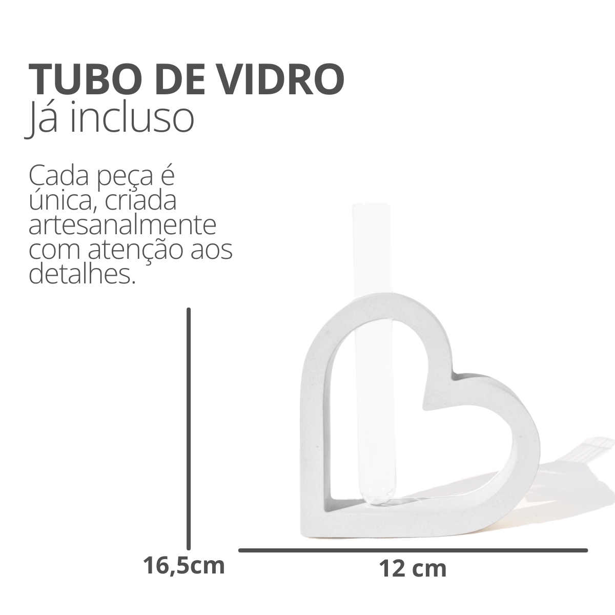 Vaso Solitário Hidropônico Coração Vazado 16,5cm em Cimento - Cinza