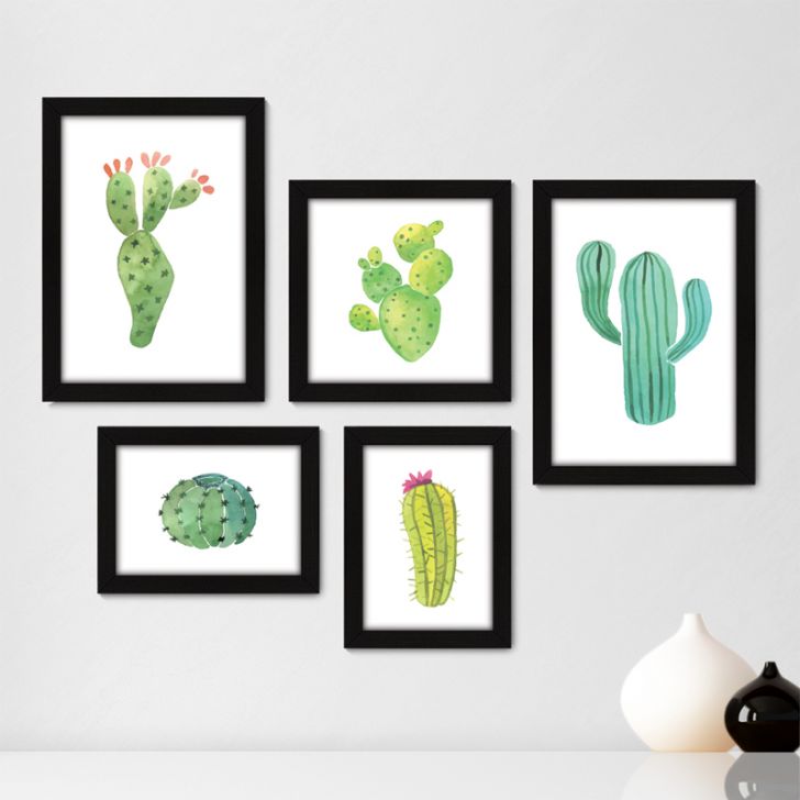 3 Quadros Decoração Cactos Natureza Desenhos Molduras