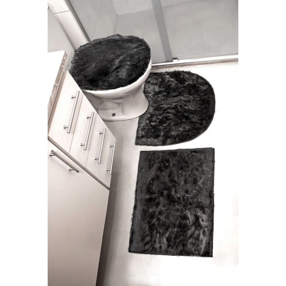 Conjunto de banheiro 3 peças Preto Shaggy Antialérgico LuxoA