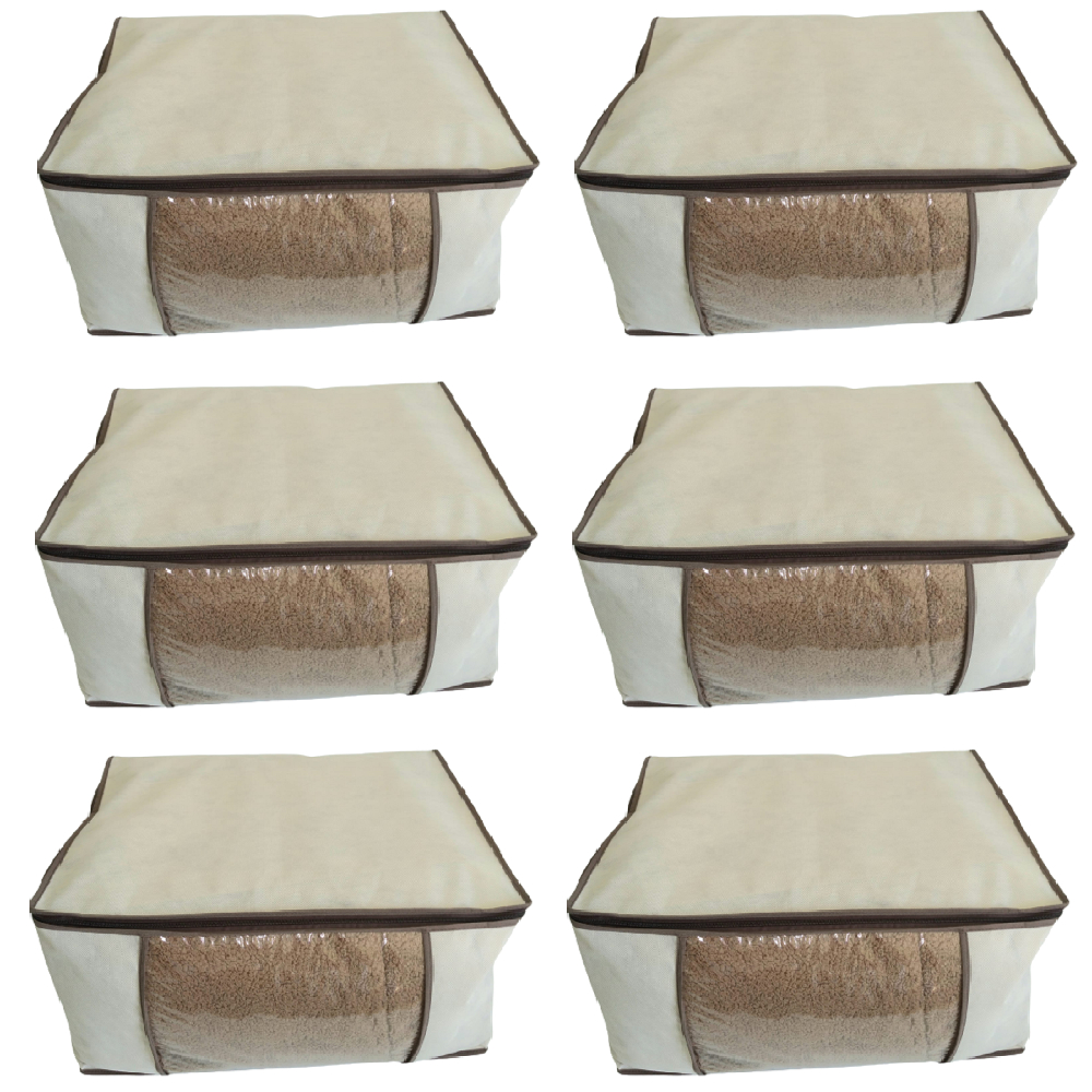 Kit 6 Caixas G Organizadoras Almofada TNT Bege Visor PVC