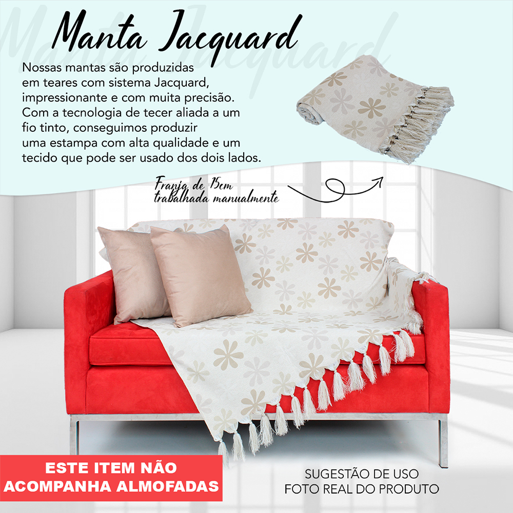 Manta Decorativa p/ Sofá jacquard Flor57S Bege 2,20x1,40