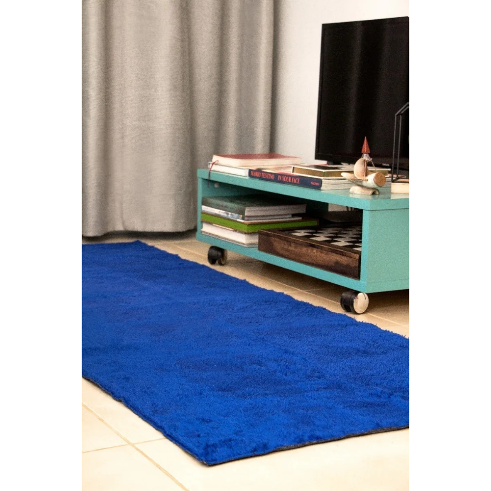 Passadeira 2,00x0,60 Azul Shaggy Quarto Sala Antiderrap B