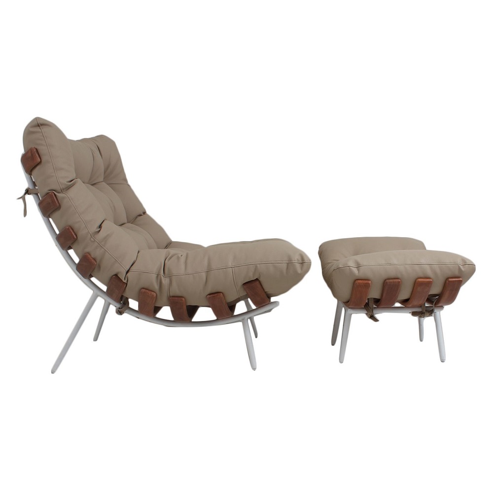 Poltrona Costela Original com Banqueta em Couro Areia Natural Base Branca