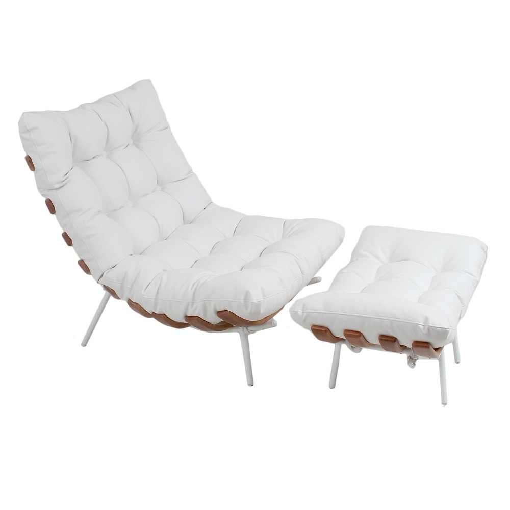 Poltrona Costela Original com Banqueta em Couro Branca Natural Base Branca