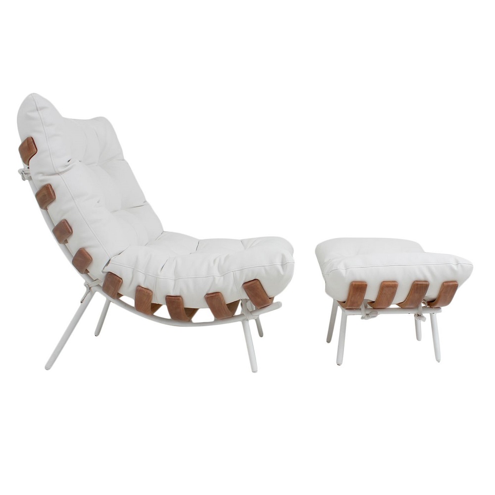Poltrona Costela Original com Banqueta em Couro Branca Natural Base Branca