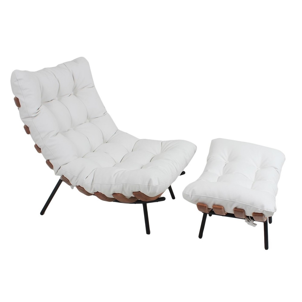 Poltrona Costela Original com Banqueta em Couro Branca Natural Base Preta