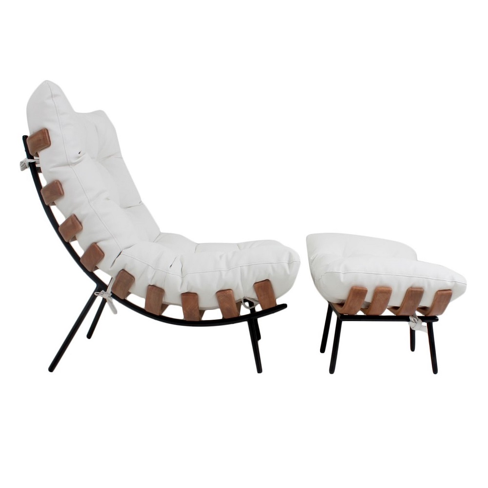 Poltrona Costela Original com Banqueta em Couro Branca Natural Base Preta