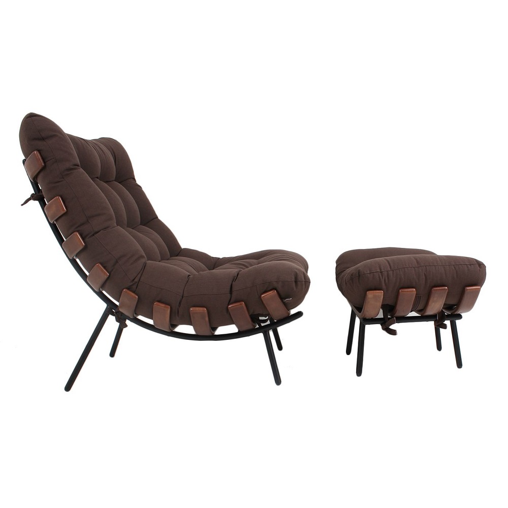 Poltrona Costela Original com Banqueta em Couro Cru Natural Base Branca