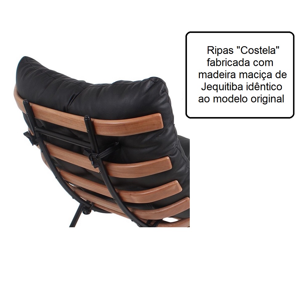 Poltrona Costela Original com Banqueta em Couro Cru Natural Base Branca