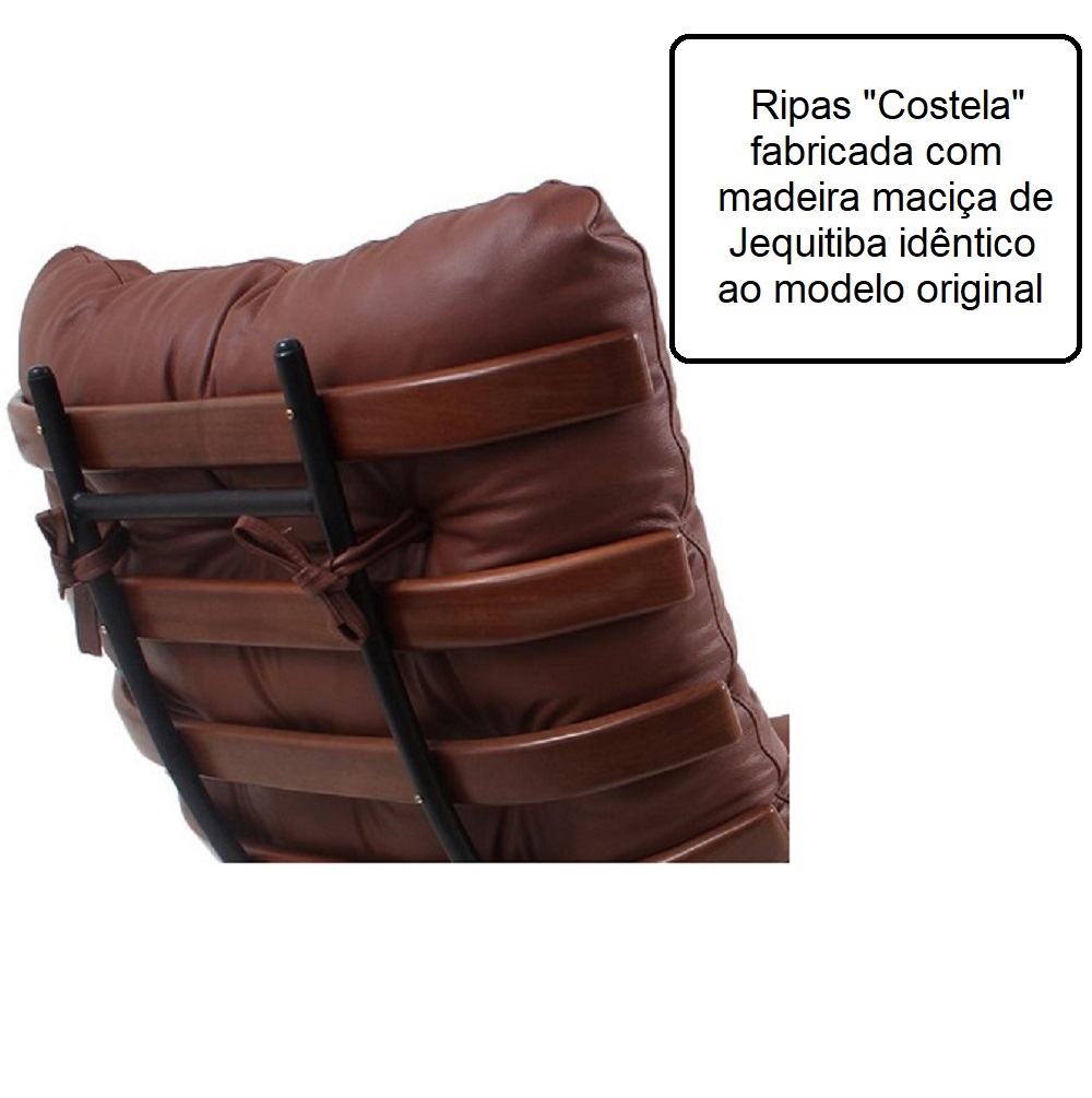 Poltrona Costela Original com Banqueta em Couro Marrom Escuro Imbuia Base Preta