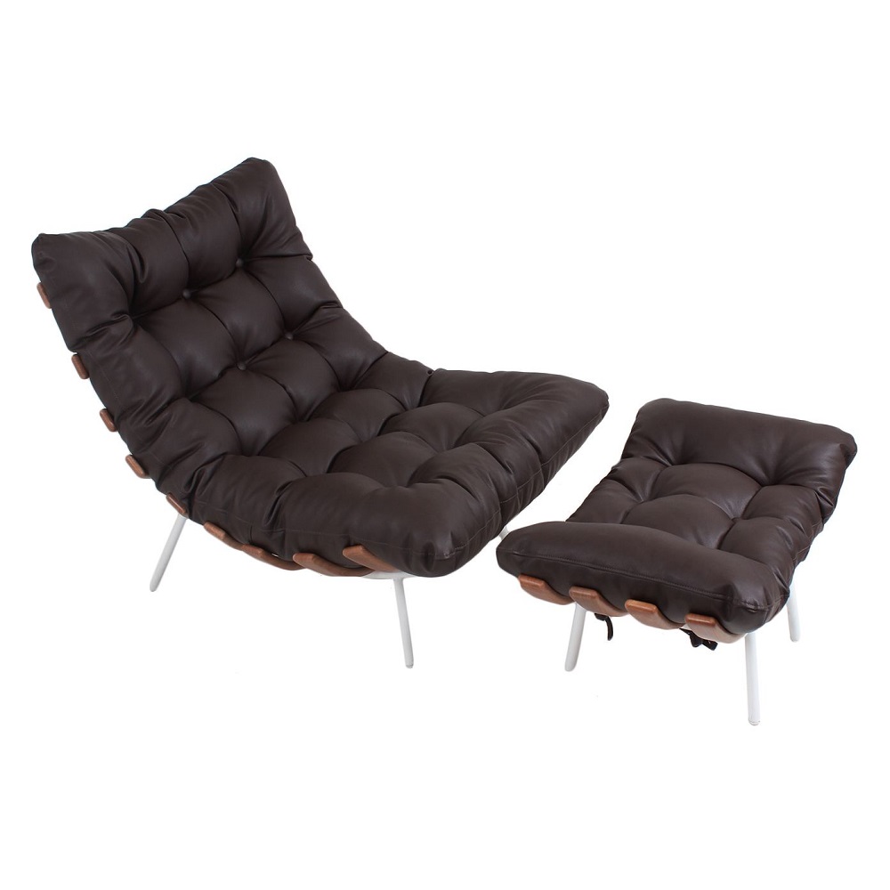 Poltrona Costela Original com Banqueta em Couro Marrom Natural Base Branca