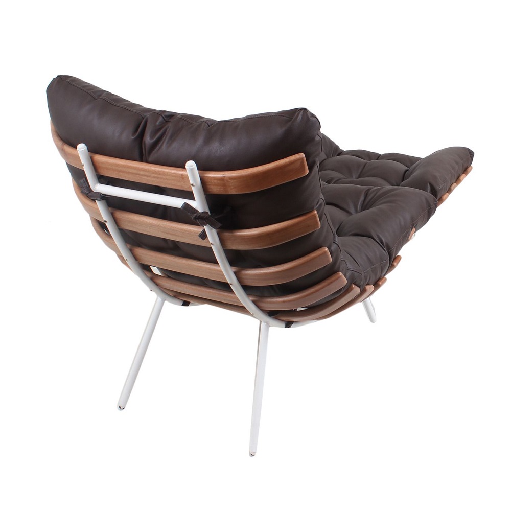 Poltrona Costela Original com Banqueta em Couro Marrom Natural Base Branca