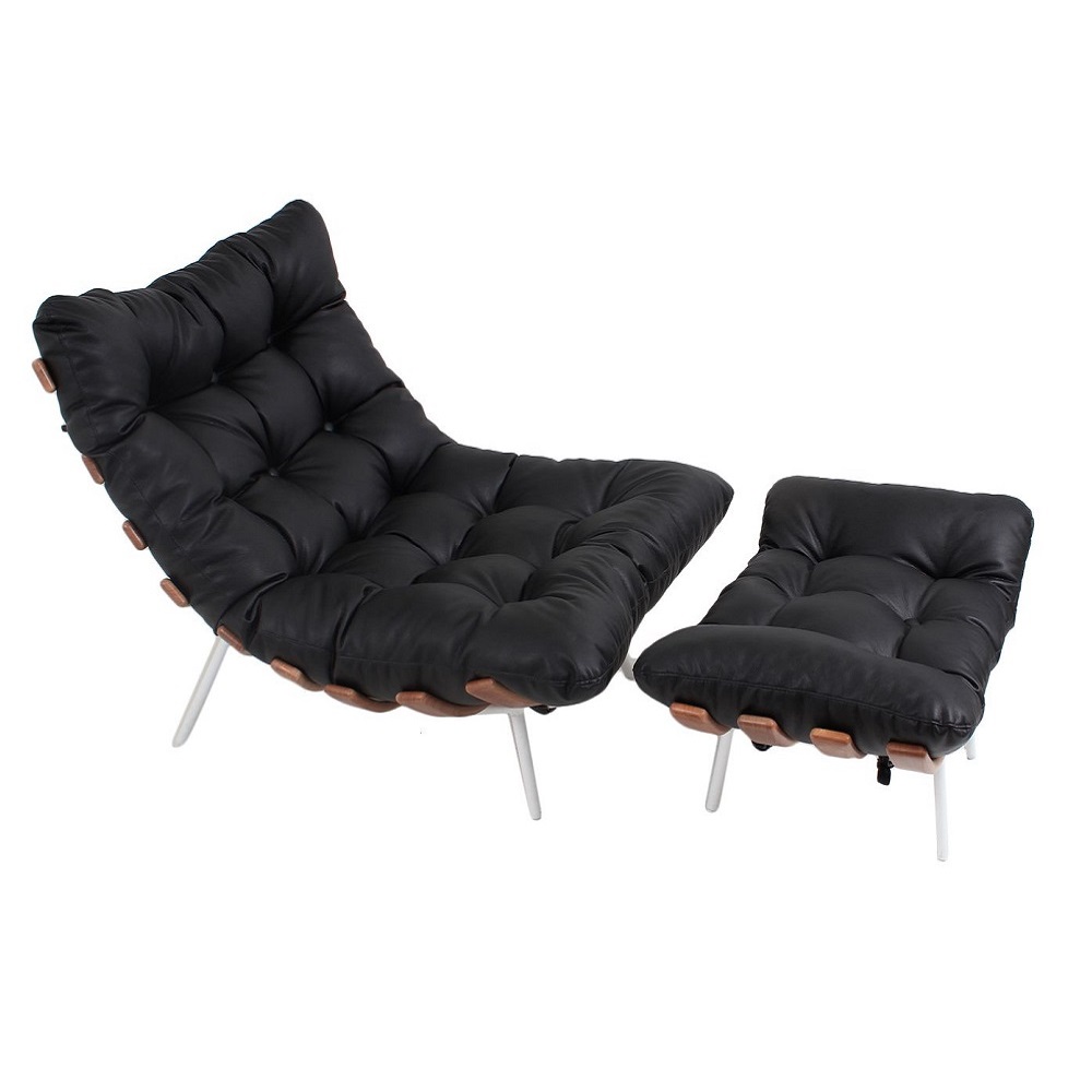 Poltrona Costela Original com Banqueta em Couro Preta Natural Base Branca