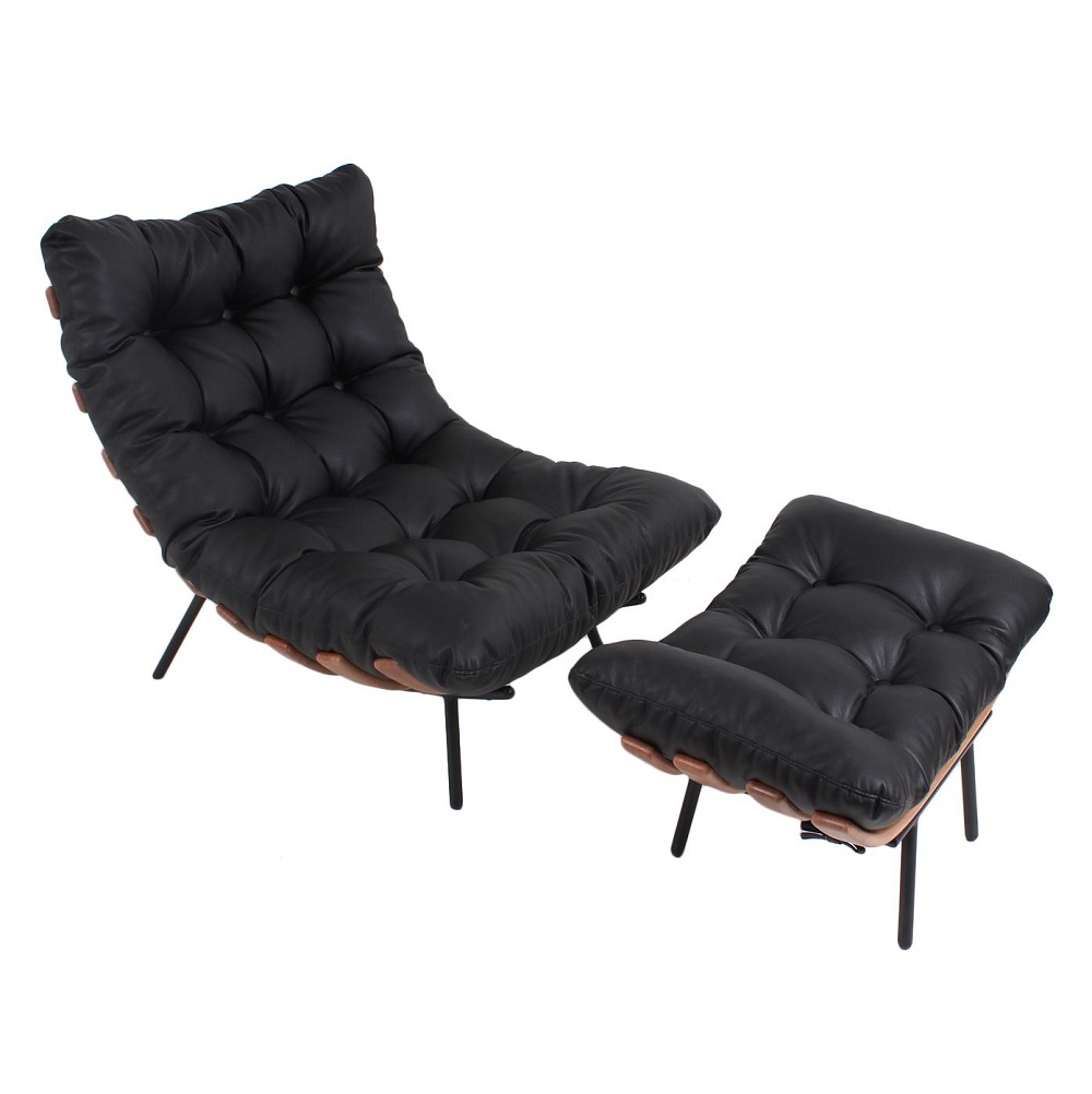 Poltrona Costela Original com Banqueta em Couro Preta Natural Base Preta