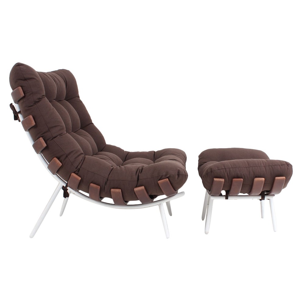 Poltrona Costela Original com Banqueta em Suede Marrom Imbuia Base Branca