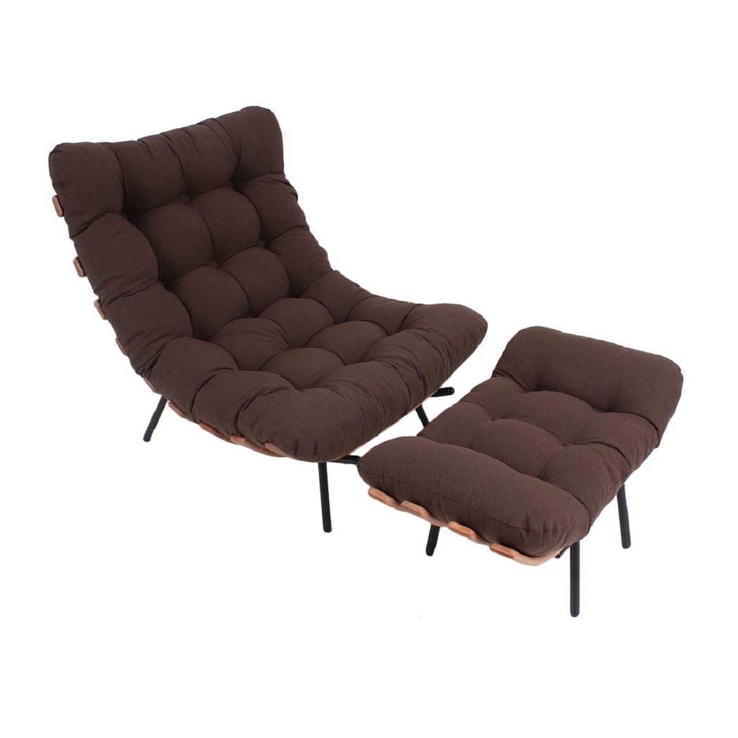 Poltrona Costela Original com Banqueta em Suede Marrom Natural Base Preta