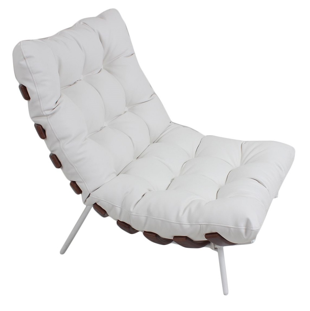 Poltrona Costela Original em Couro Branca Imbuia Base Branca