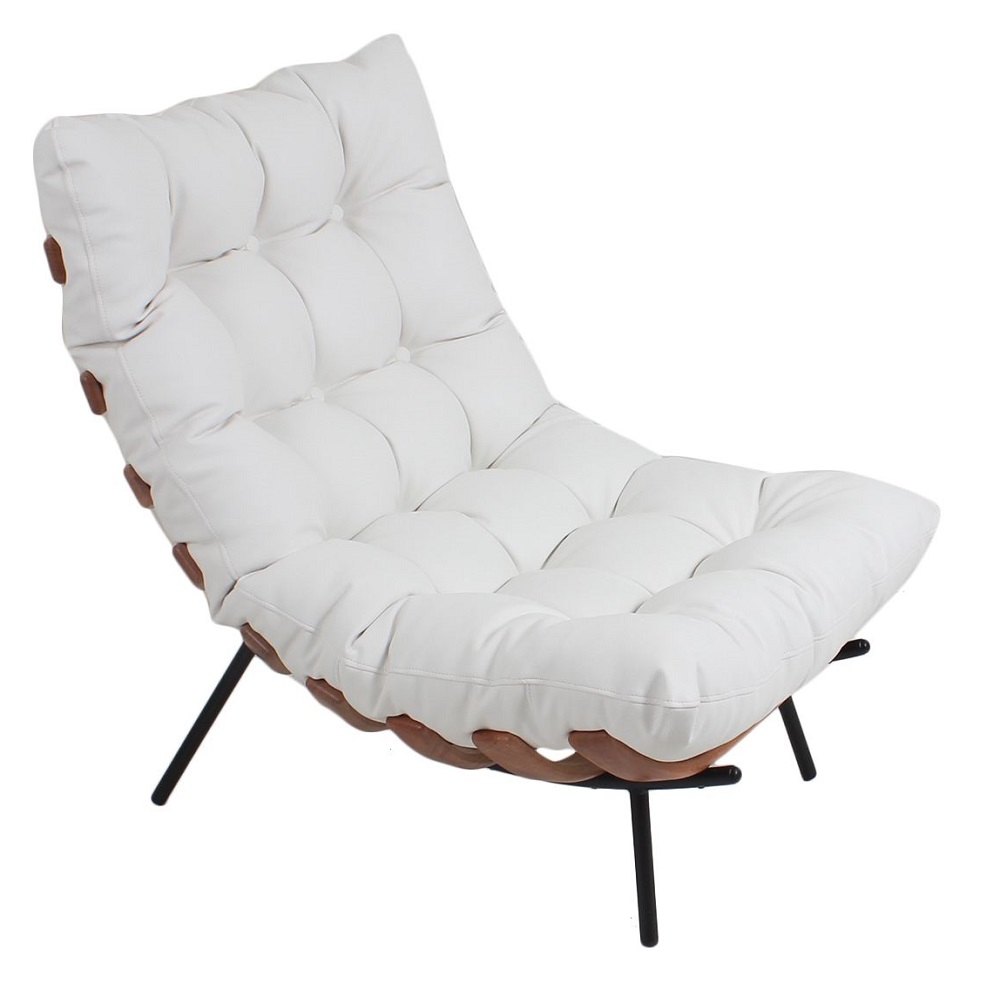 Poltrona Costela Original em Couro Branca Natural Base Preta