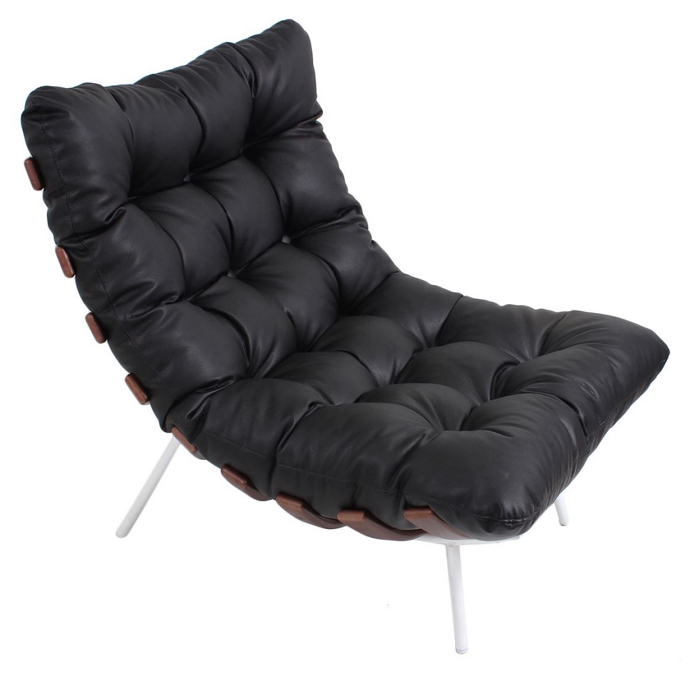 Poltrona Costela Original em Couro Preta Imbuia Base Branca